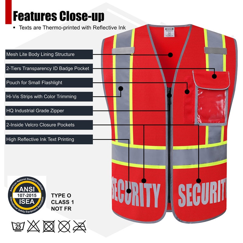 HATAUNKI Retro-Reflection Security Safety Vests Heavy Duty Red Mesh with 5 Pockets and Front Zipper Meet ANSI/ISEA 107-2015 (Red-22,3X-Large) - Image 3
